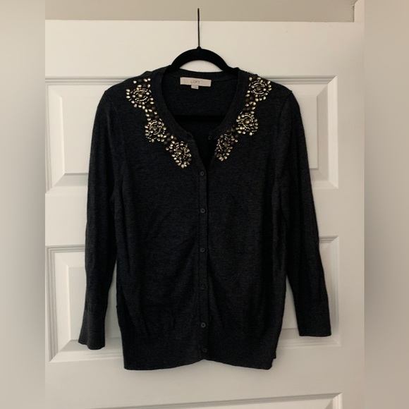 Tony Lambert Bejeweled Velvet Trim Cardigan Sweater, Black Angora/Wool/Silk Sweater S/M